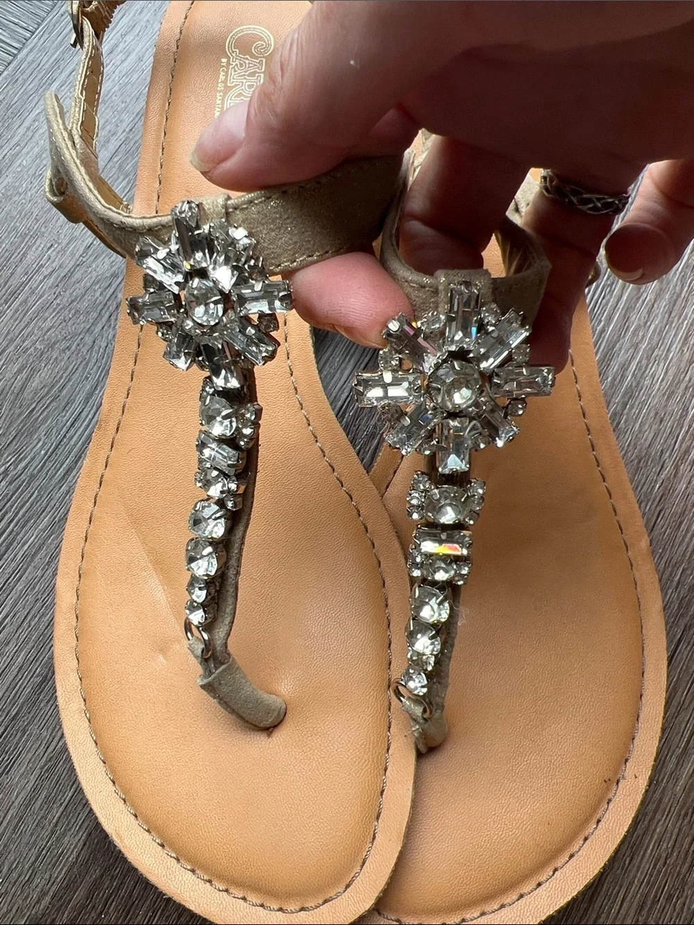 Gold Embellished T-Strap Sandals with Crystal Accents Size 8M